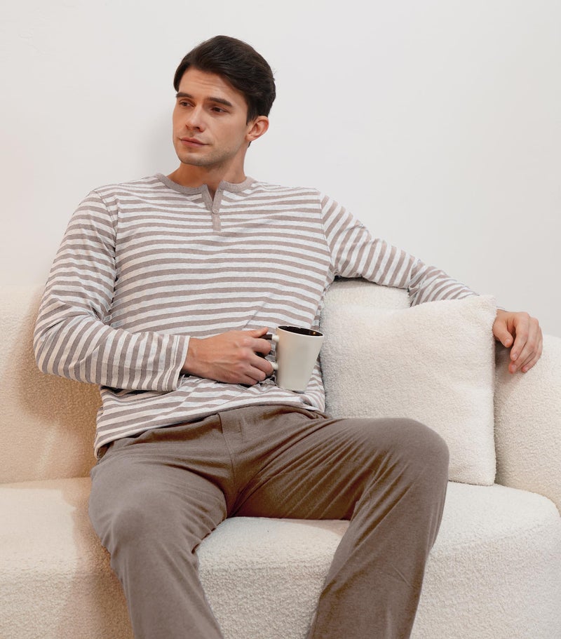 DAVID ARCHY Men's Pajamas Set Soft Cotton Henley Loungewear Pjs Comfy Long Sleeve Sleepwear with Pockets (L, Heather Dark Coffee) - Image 3